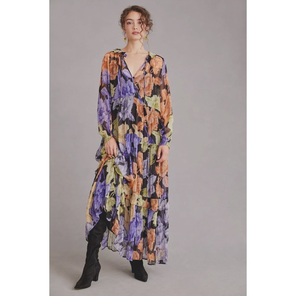 Anthropologie Floral Tiered Maxi Dress Purple Orange XS Boho Pleated Chiffon
